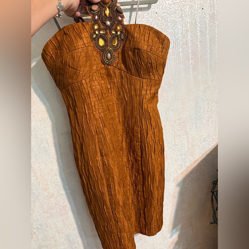 Muse Brown Strapless Embellished Bodycon Dress - Picture 3 of 9